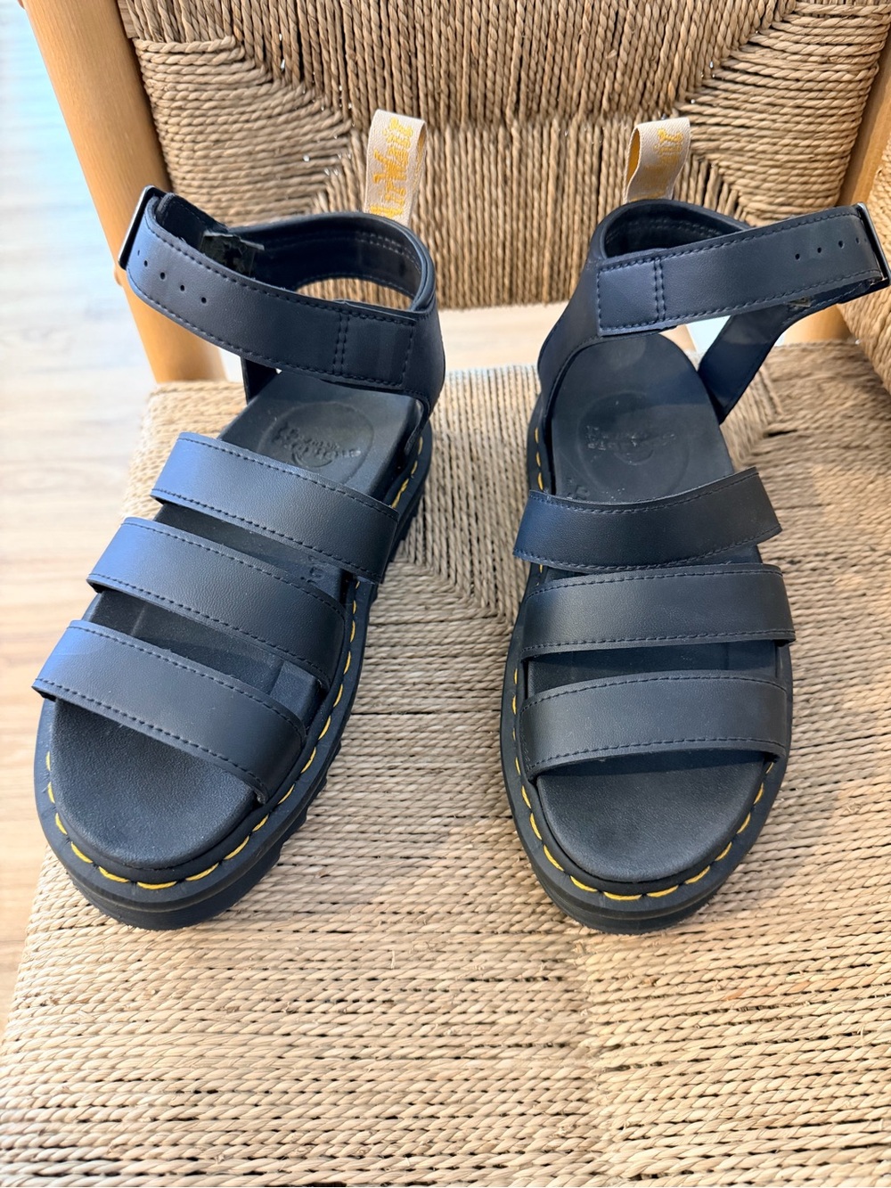 Dr. Martens Black Strappy Gladiator Sandals with Yellow Stitching